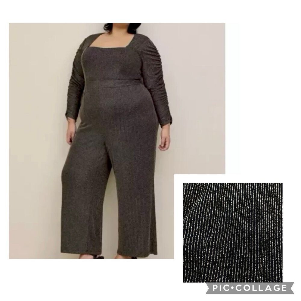 Torrid Gold Glitter‎ Black long Sleeve Wide Leg Stretch Knit Jumpsuit Size 20